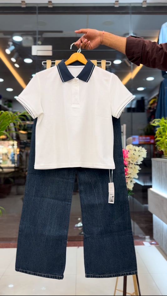 Classic White Polo Top with Wide-Leg Denim