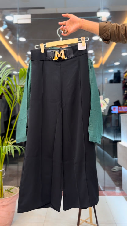 Embroidered Green Shirt with White Inner & Black Wide-Leg Pants