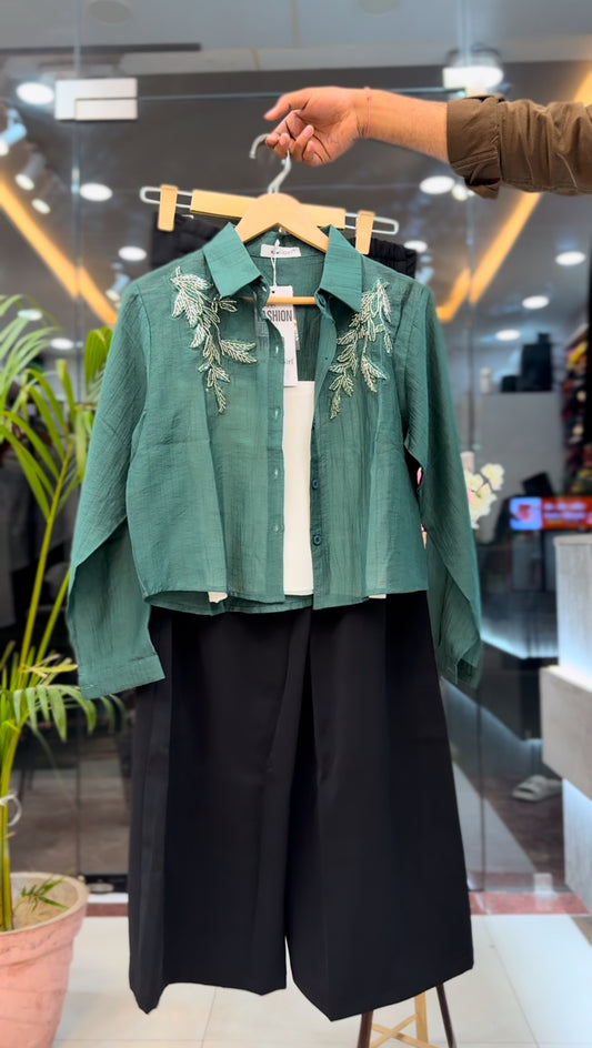 Embroidered Green Shirt with White Inner & Black Wide-Leg Pants