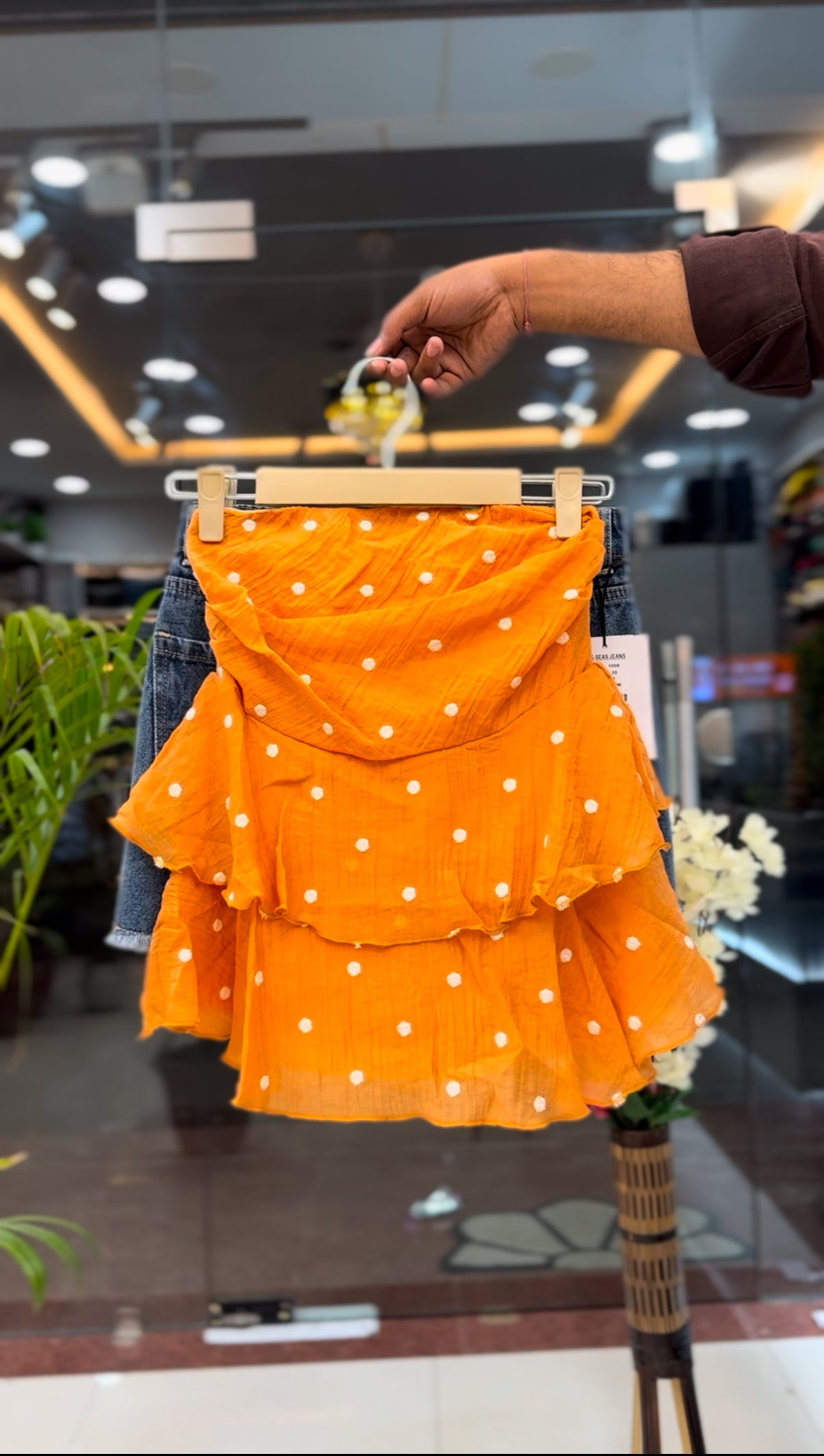 Polka-Dot Tube Top & Distressed Denim Shorts