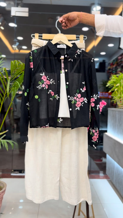 Floral Shrug with Inner & Wide Leg Palazzo Set