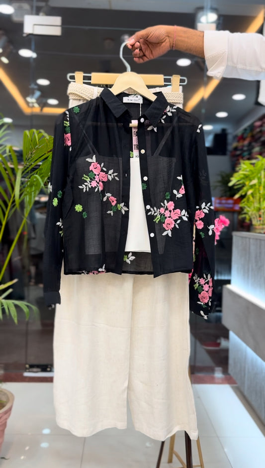 Floral Shrug with Inner & Wide Leg Palazzo Set