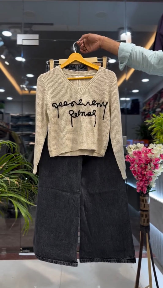 Winter knit top × charcoal denim = perfect combo