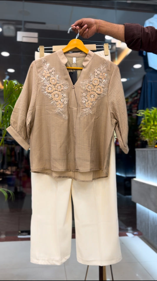 Embroidered Mandarin Top & Wide-Leg Trousers