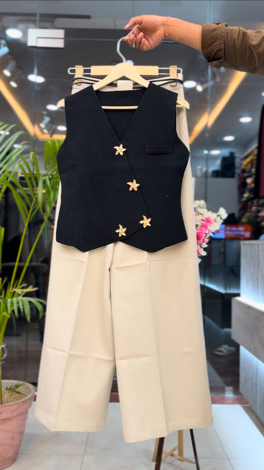 Star-Button Vest & Belted Wide-Leg Trousers