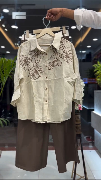 Embroidered Linen Shirt & Contrast-Waist Trousers