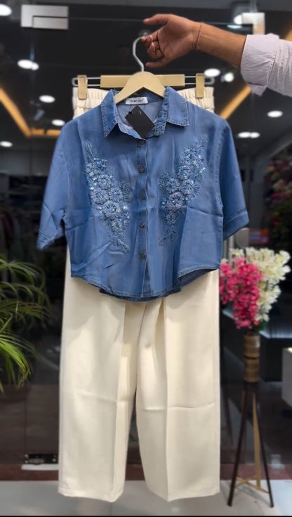 Embroidered Denim Crop Shirt & Wide-Leg Trouser