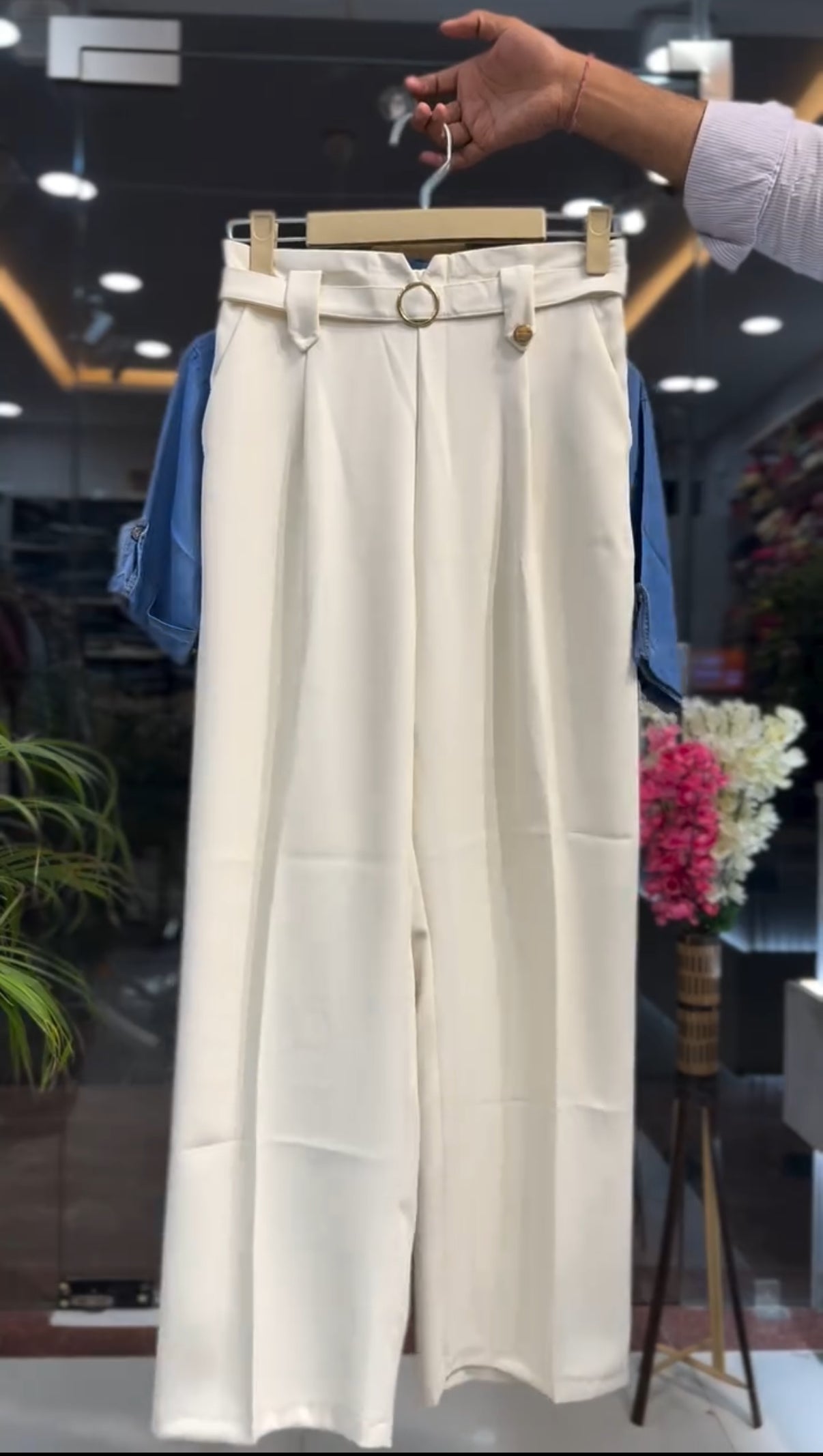 Embroidered Denim Crop Shirt & Wide-Leg Trouser