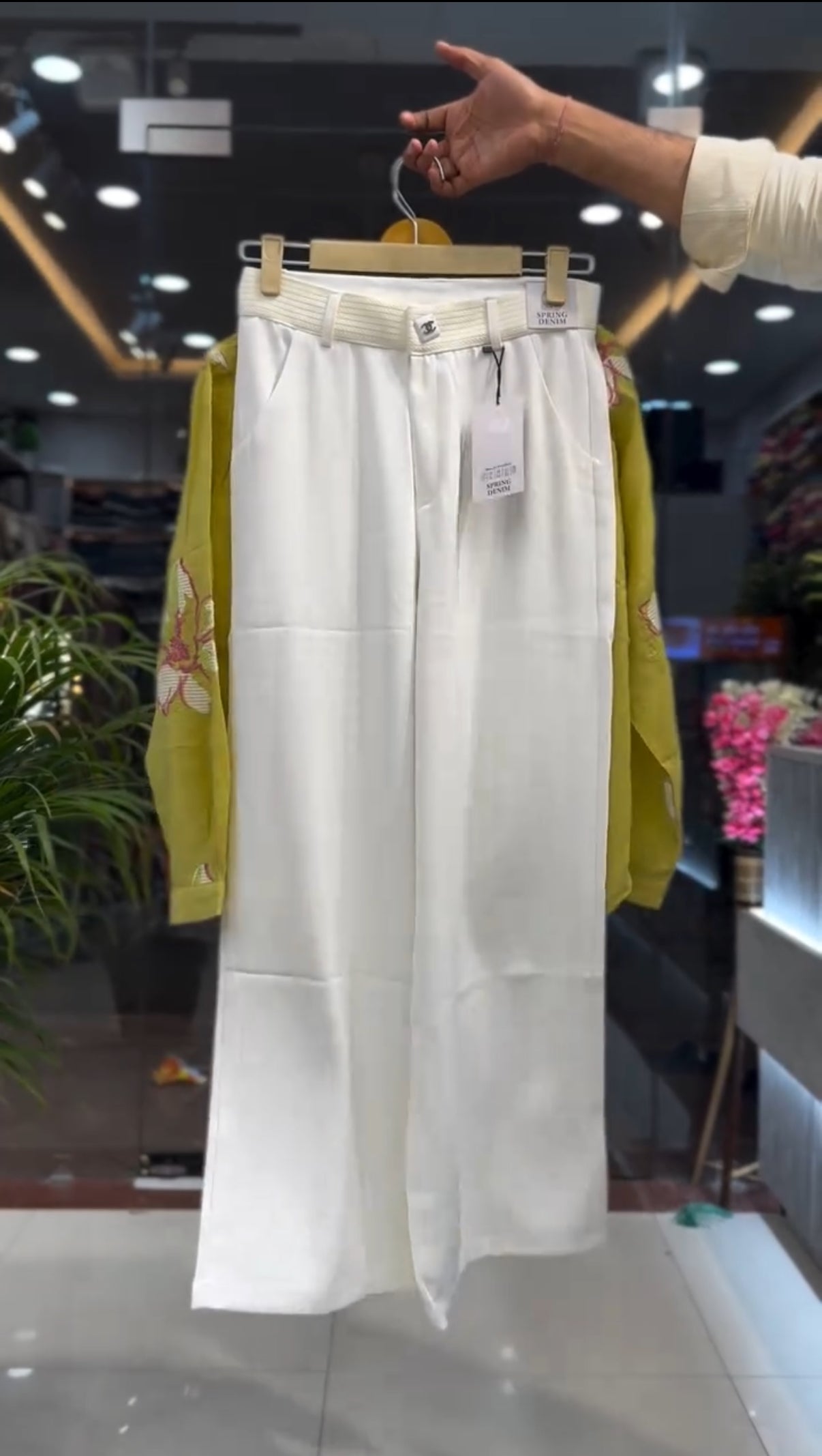 Floral Embroidered Top with White Trousers