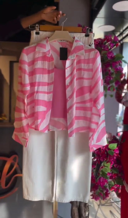 Pink Zebra Print Shirt with White Wide-Leg Denim
