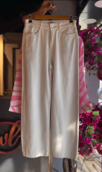 Pink Zebra Print Shirt with White Wide-Leg Denim