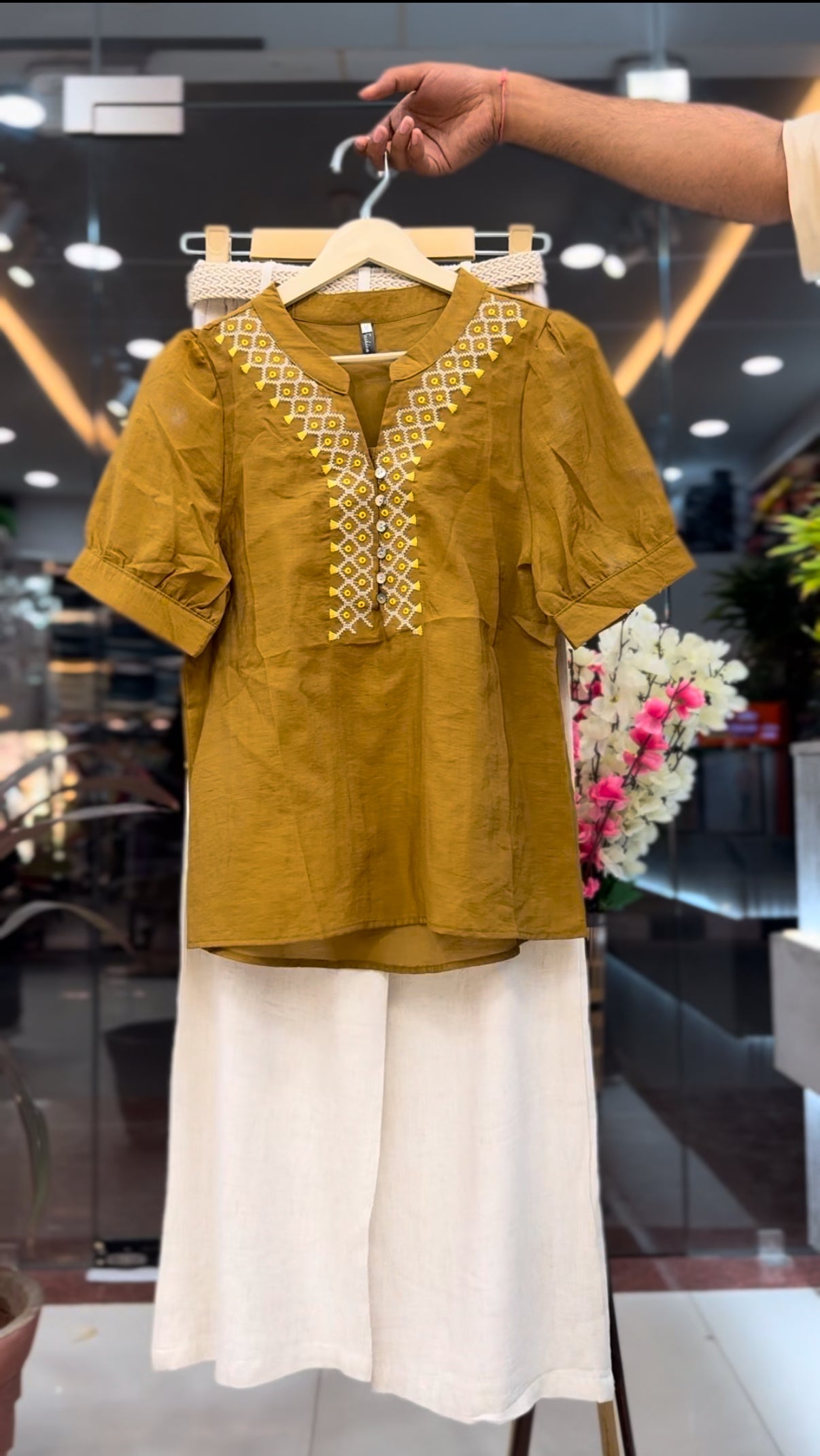 Ethnic Embroidered Top with Belted Wide-Leg Pants