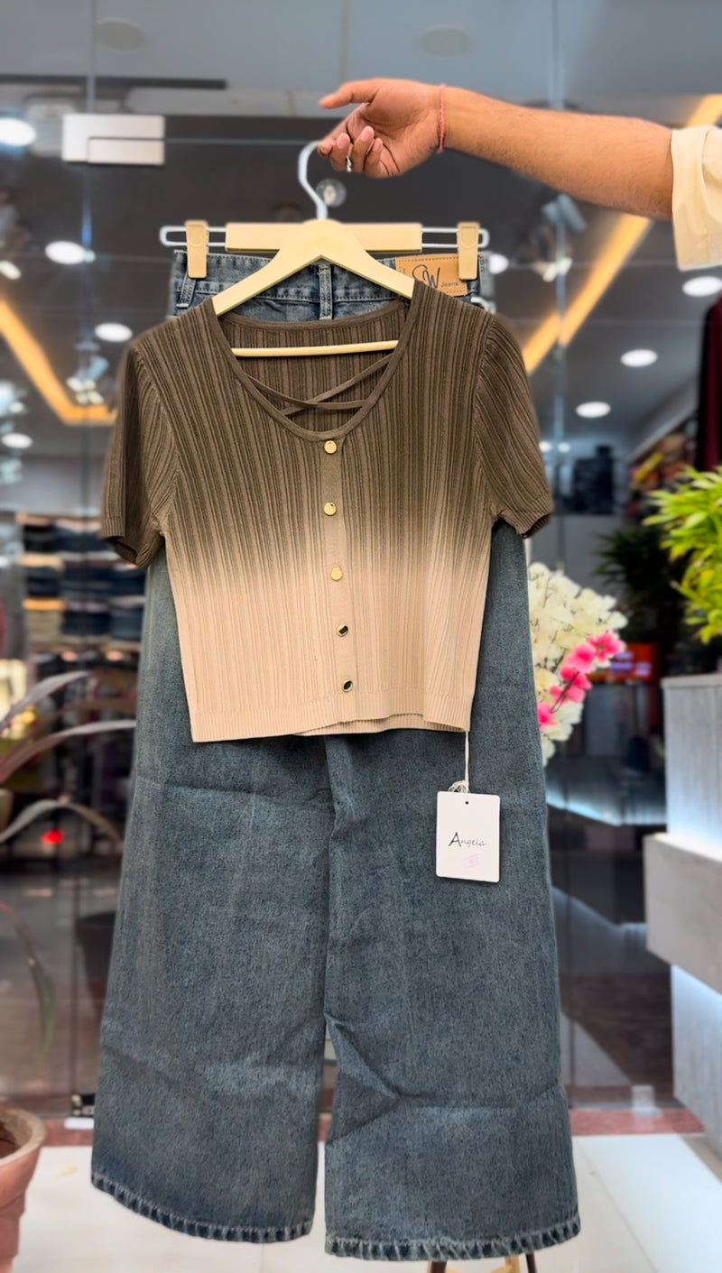 Ombre Knit Top & High-Rise Wide-Leg Jeans