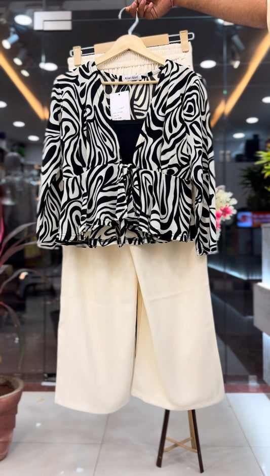 Women’s Abstract Zebra Print Peplum Top & Cream High-Waist Wide-Leg Trousers
