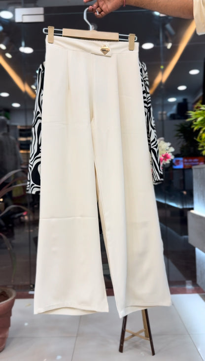 Women’s Abstract Zebra Print Peplum Top & Cream High-Waist Wide-Leg Trousers
