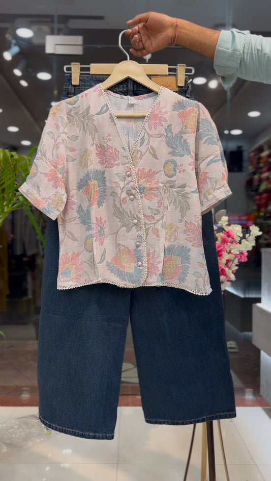 Women’s Abstract Geometric Shirt & High-Rise Wide-Leg Denim Jeans