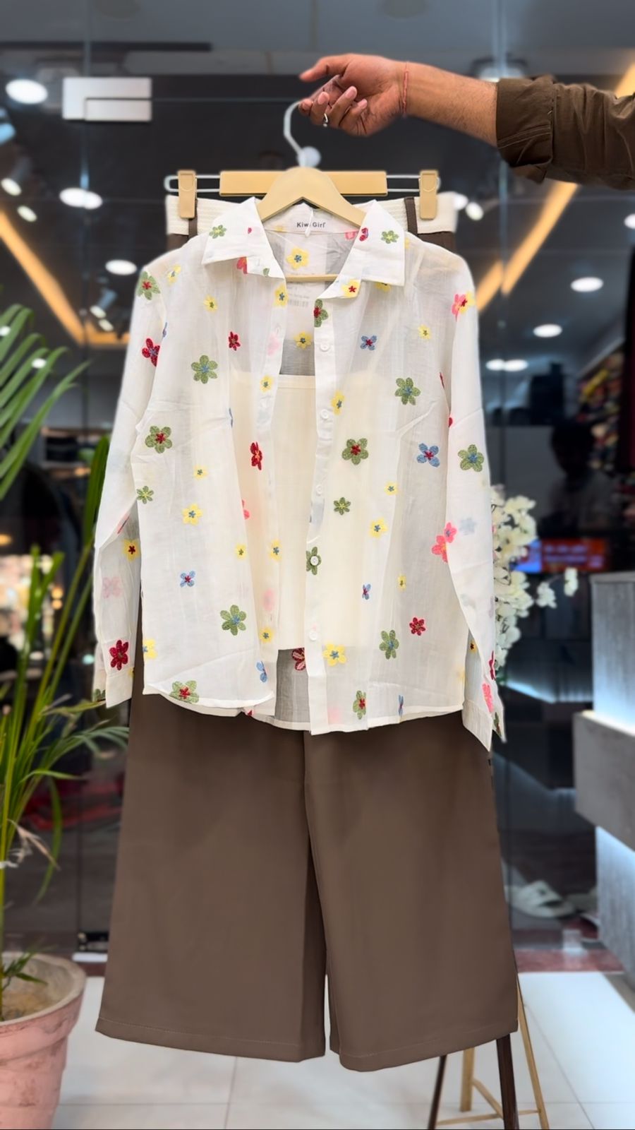 Floral Overlay & Taupe Wide-Leg Trousers