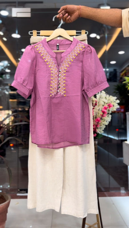 Ethnic Embroidered Top with Belted Wide-Leg Pants