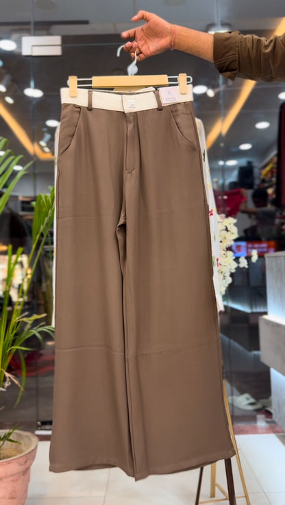 Floral Overlay & Taupe Wide-Leg Trousers