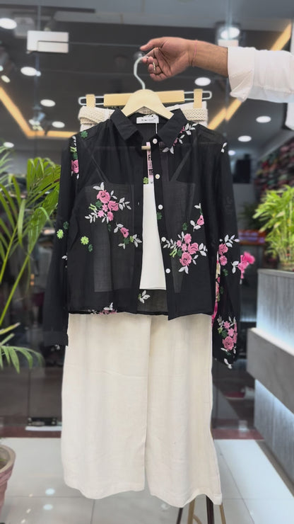 Floral Shrug with Inner & Wide Leg Palazzo Set