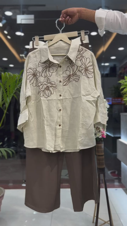 Embroidered Linen Shirt & Contrast-Waist Trousers