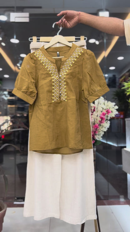 Ethnic Embroidered Top with Belted Wide-Leg Pants
