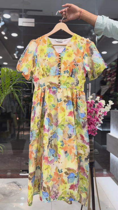 Multicolor Floral Print A-Line Midi Dress