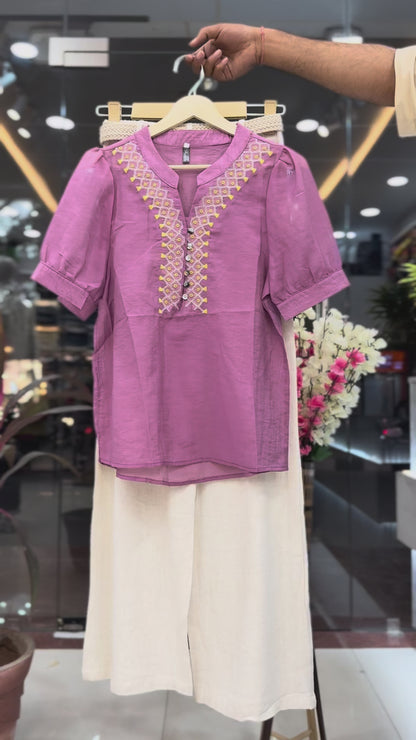 Ethnic Embroidered Top with Belted Wide-Leg Pants
