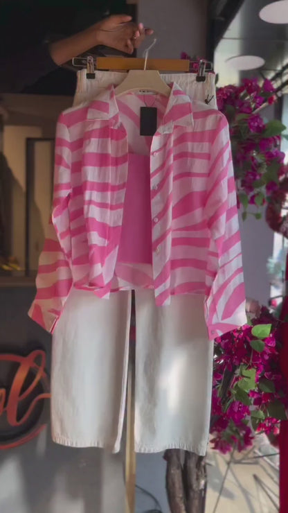 Pink Zebra Print Shirt with White Wide-Leg Denim