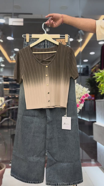 Ombre Knit Top & High-Rise Wide-Leg Jeans