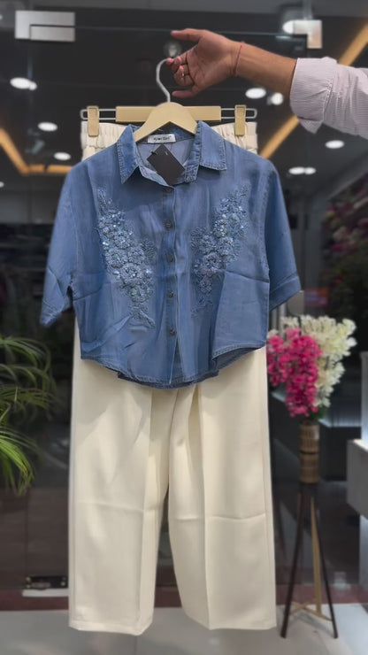 Embroidered Denim Crop Shirt & Wide-Leg Trouser